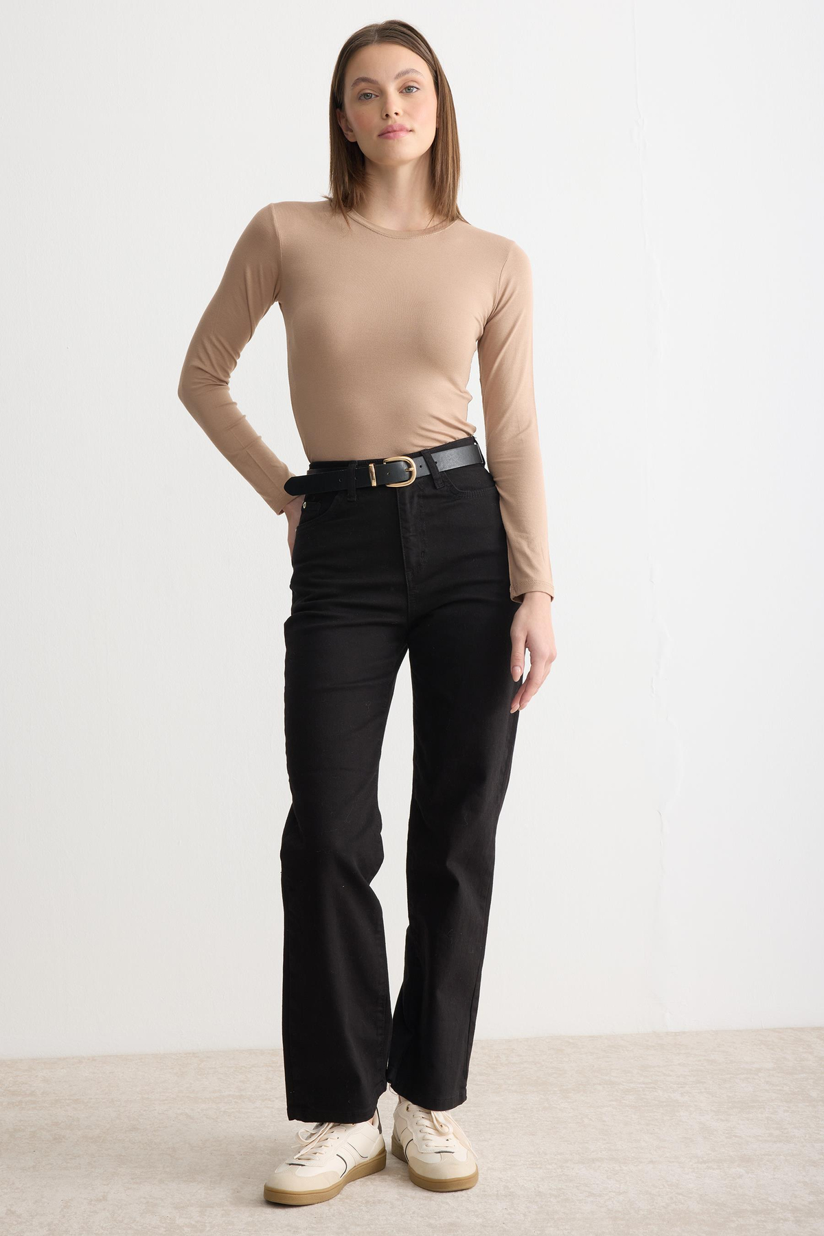 Uzun Kollu Bisiklet Yaka Penye Body Latte