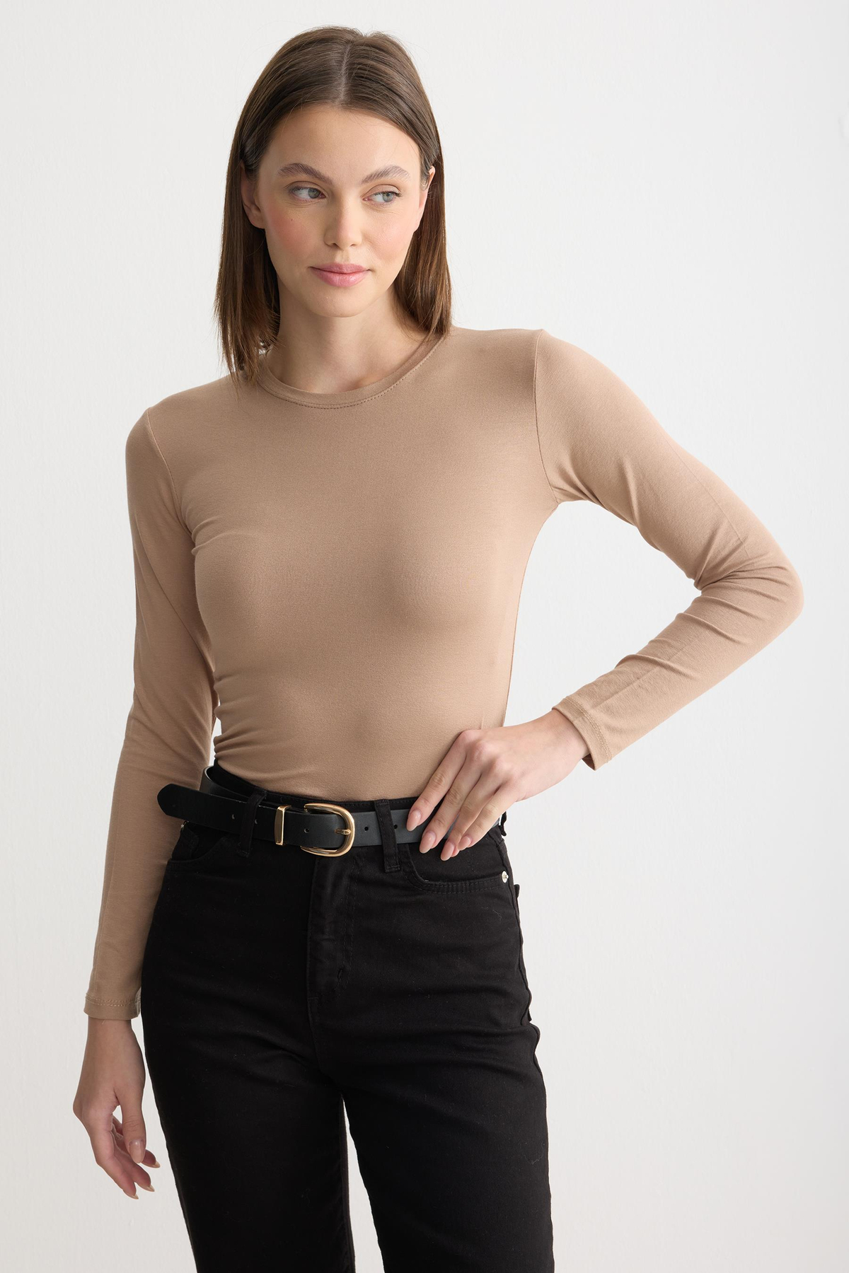 Uzun Kollu Bisiklet Yaka Penye Body Latte