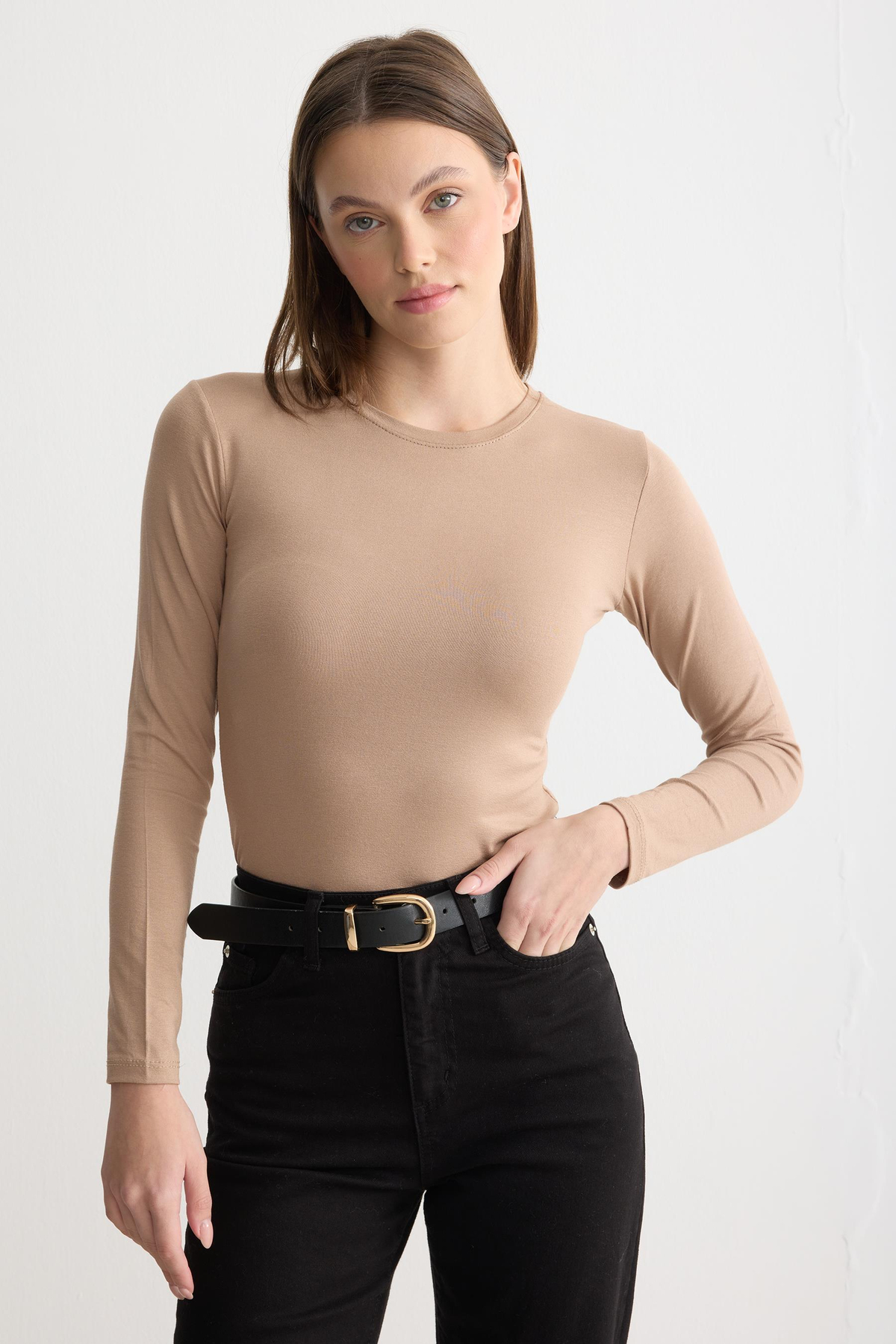 Uzun Kollu Bisiklet Yaka Penye Body Latte
