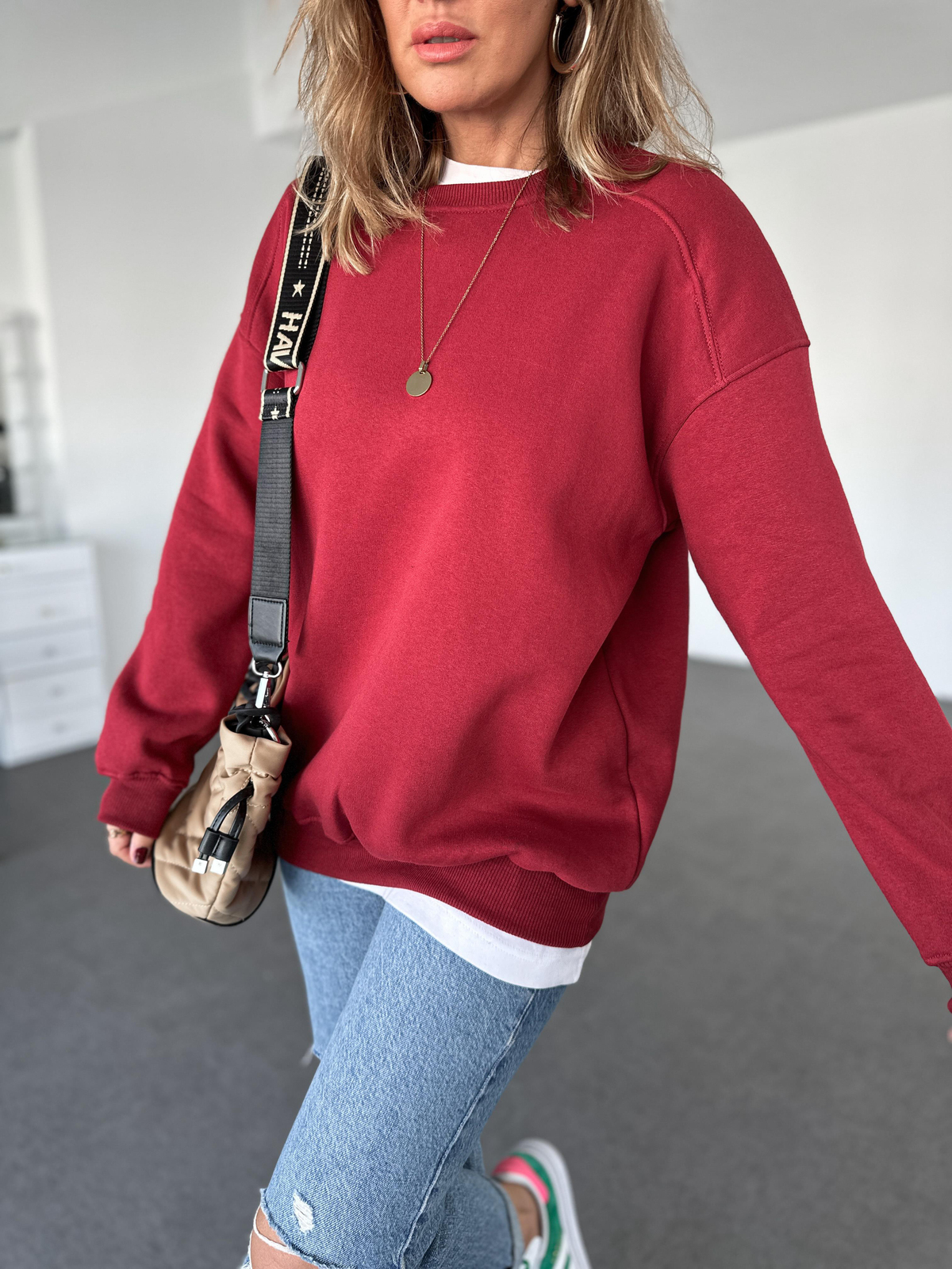  Bordo Basic Bisiklet Yaka Sweatshirt