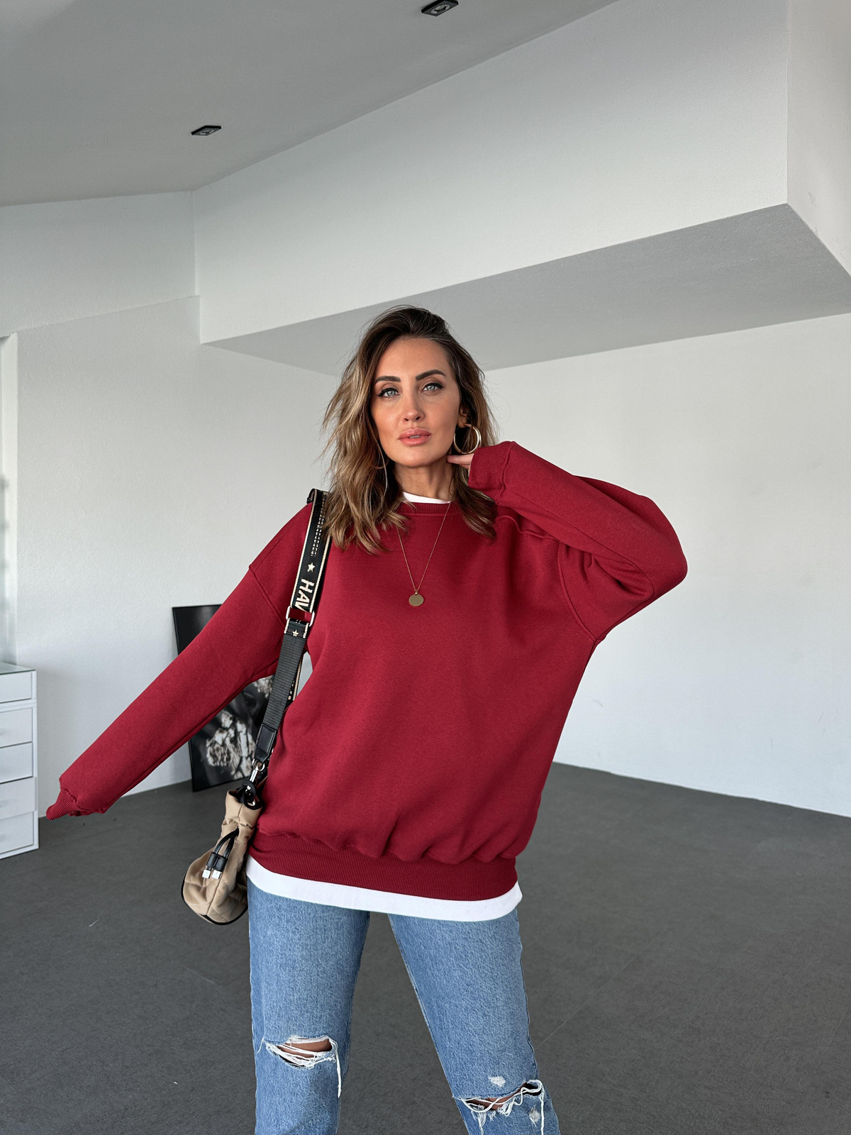 Bordo Basic Bisiklet Yaka Sweatshirt