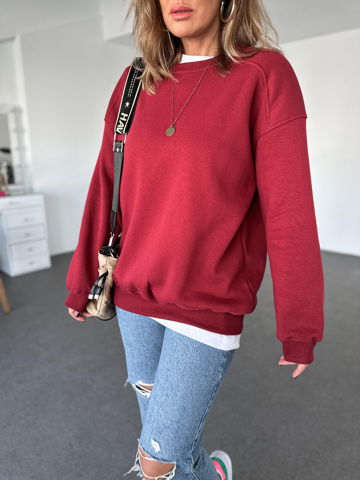  Bordo Basic Bisiklet Yaka Sweatshirt