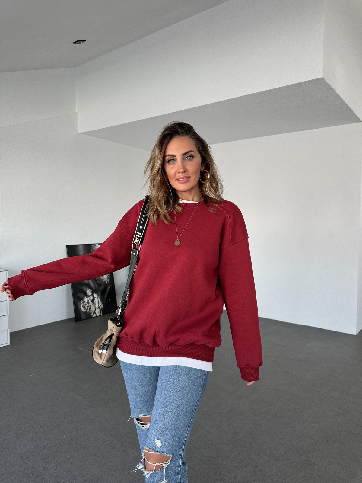  Bordo Basic Bisiklet Yaka Sweatshirt