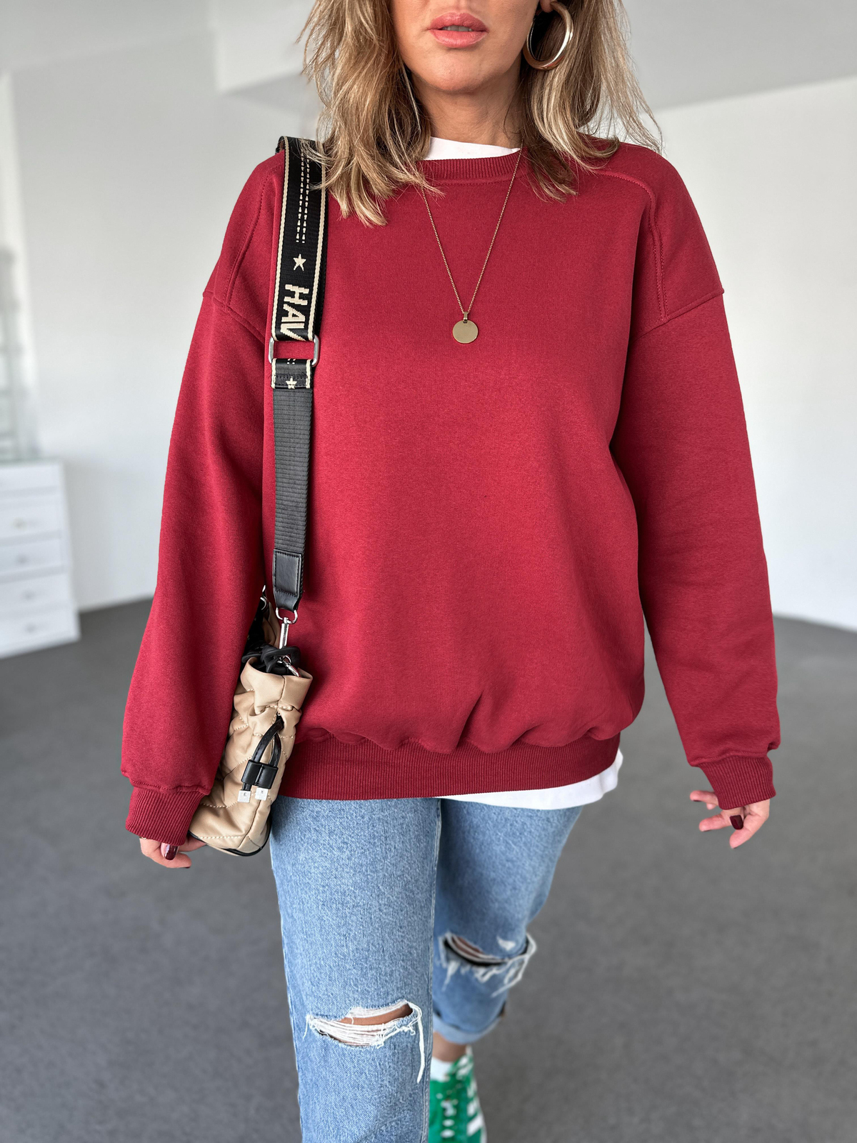  Bordo Basic Bisiklet Yaka Sweatshirt