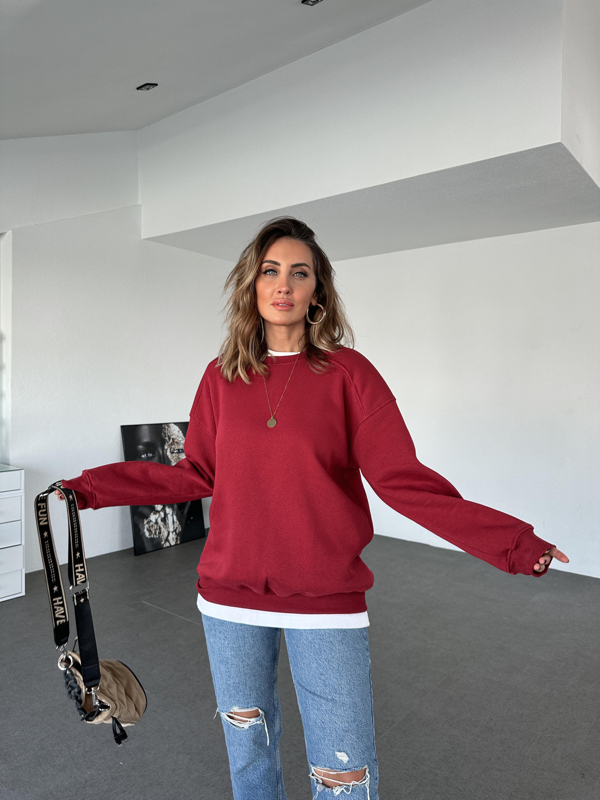  Bordo Basic Bisiklet Yaka Sweatshirt