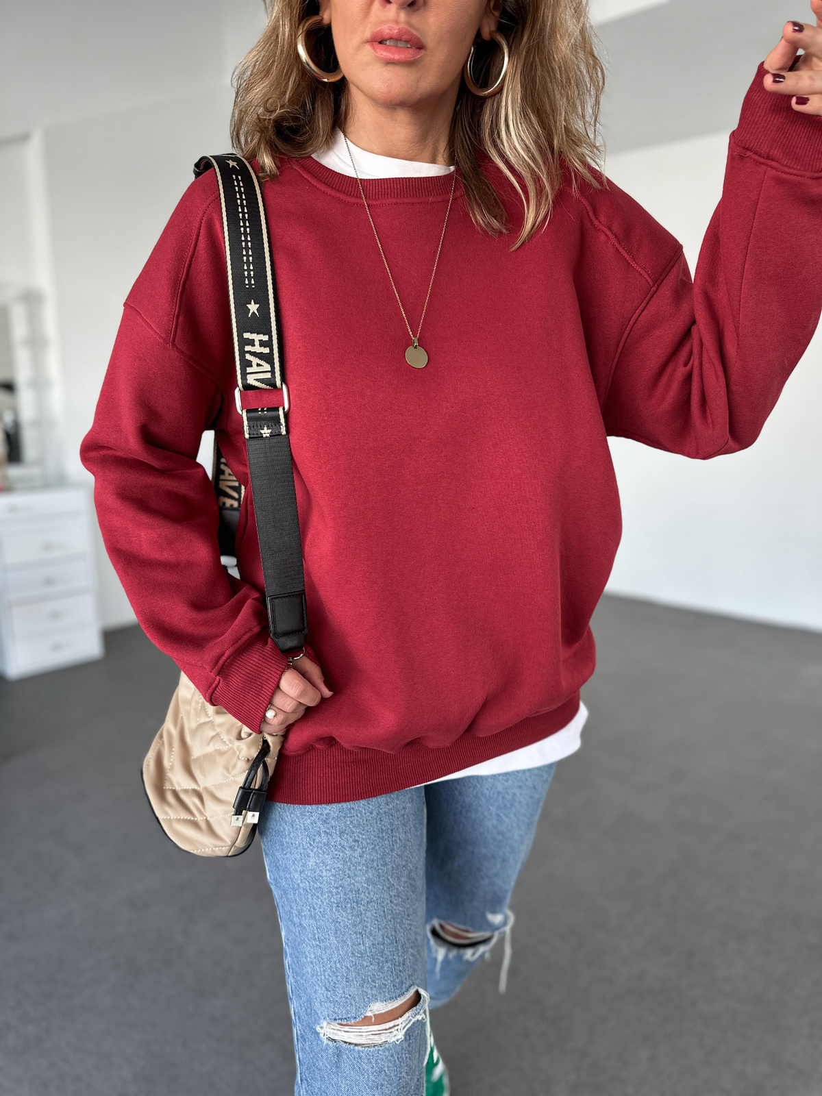  Bordo Basic Bisiklet Yaka Sweatshirt