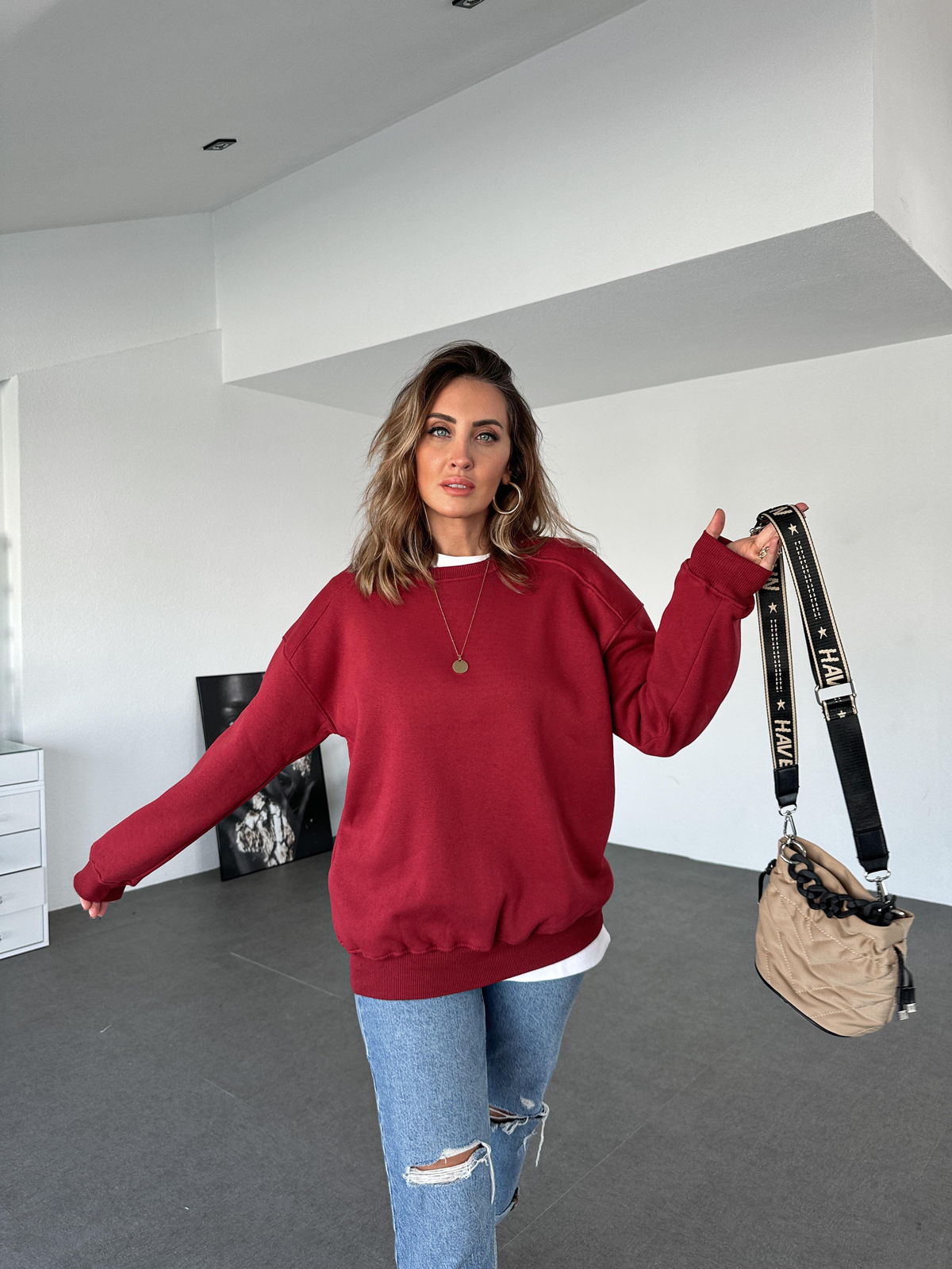  Bordo Basic Bisiklet Yaka Sweatshirt