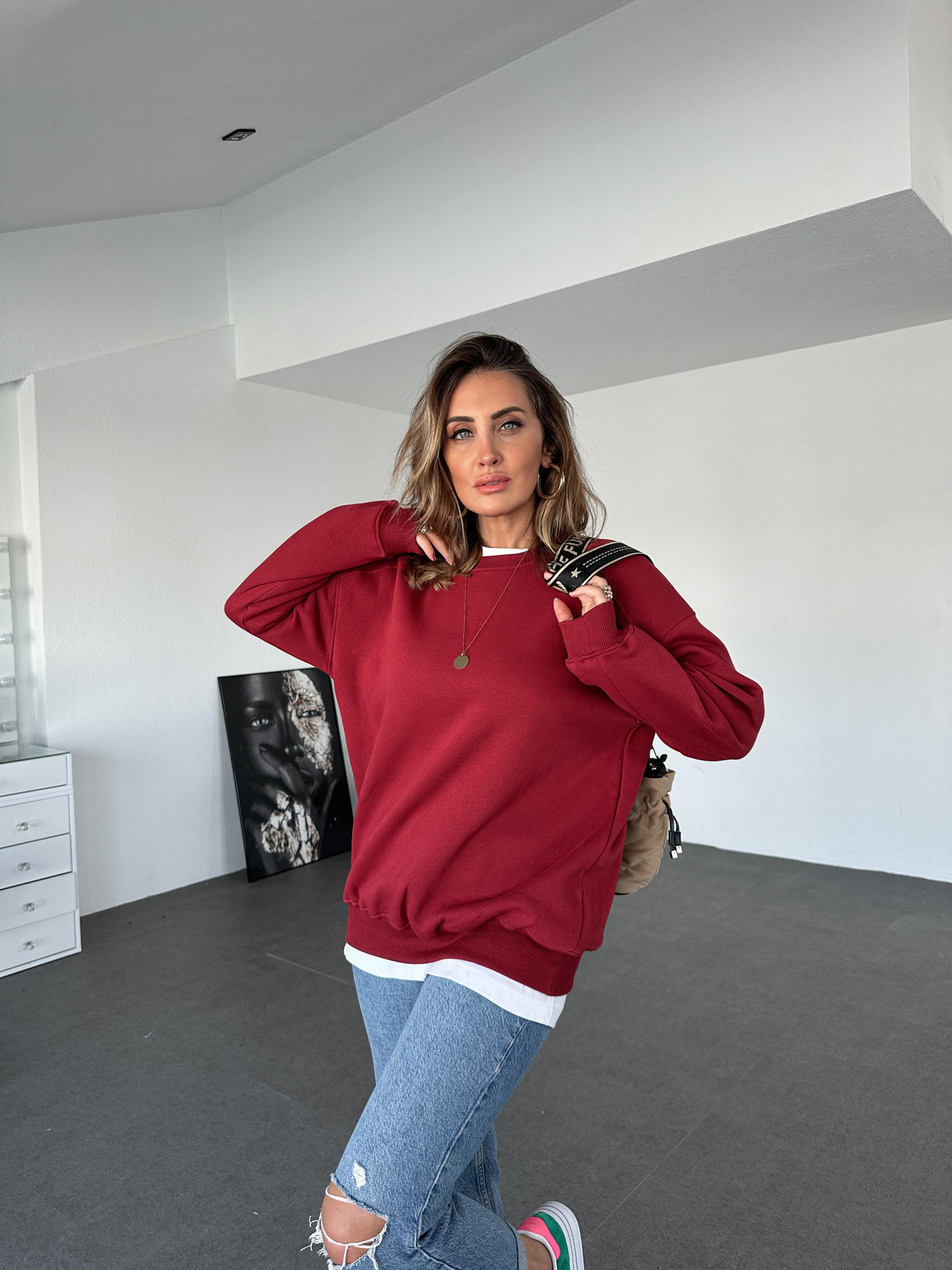  Bordo Basic Bisiklet Yaka Sweatshirt