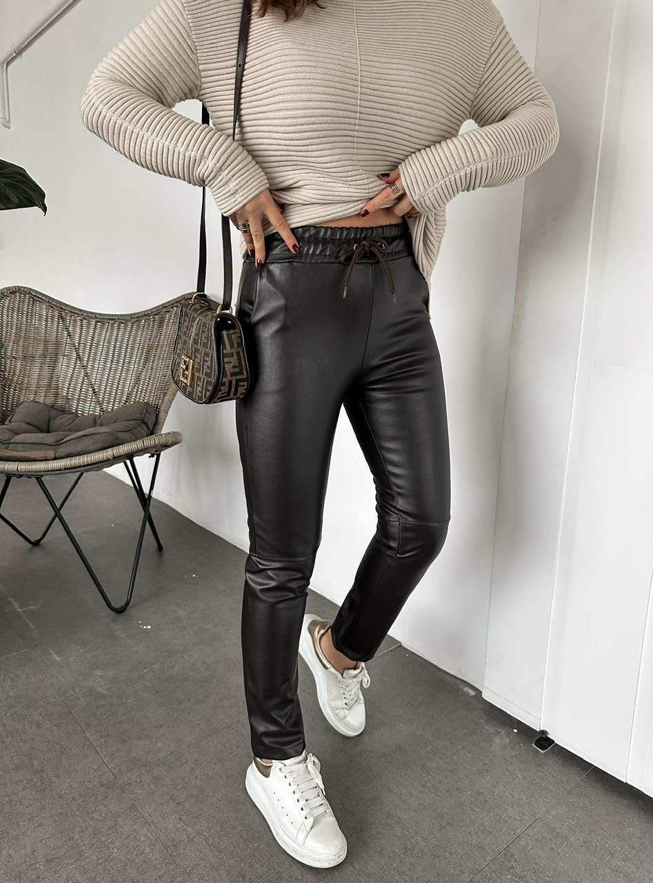 Acı Kahve Beli Lastikli Basic Deri Pantolon