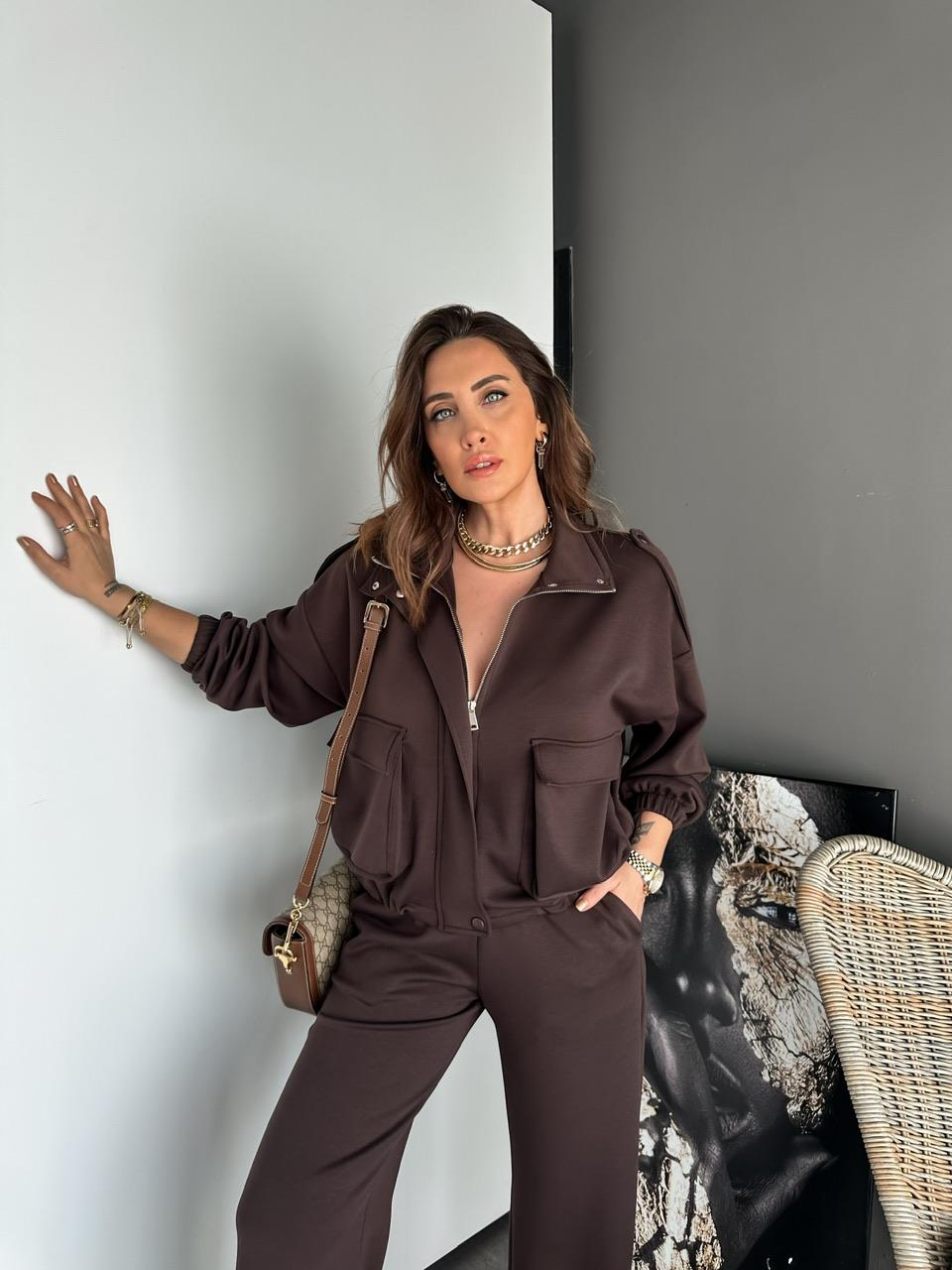 Acı Kahve Cepli Beli Büzgülü Modal Takım