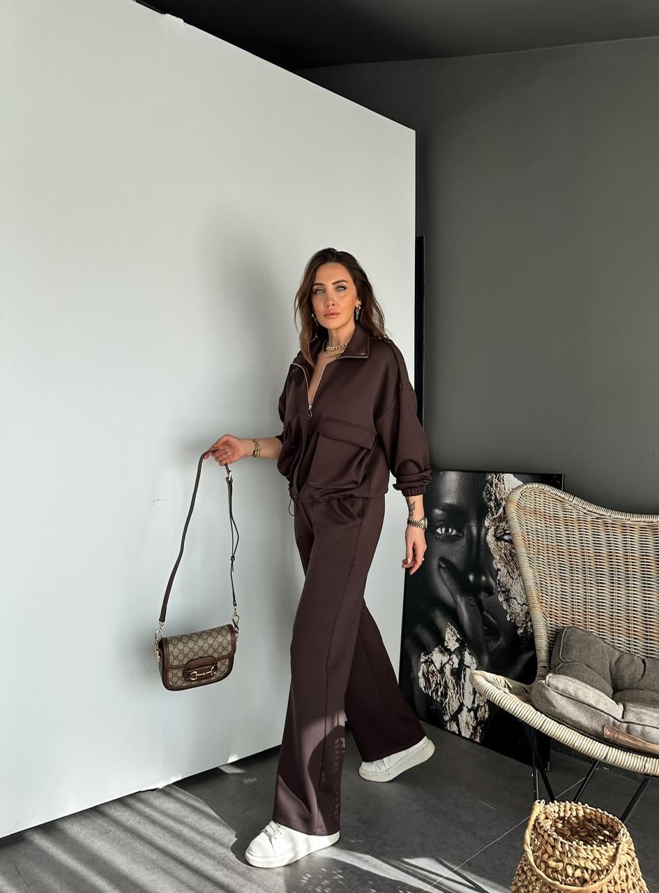 Acı Kahve Cepli Beli Büzgülü Modal Takım