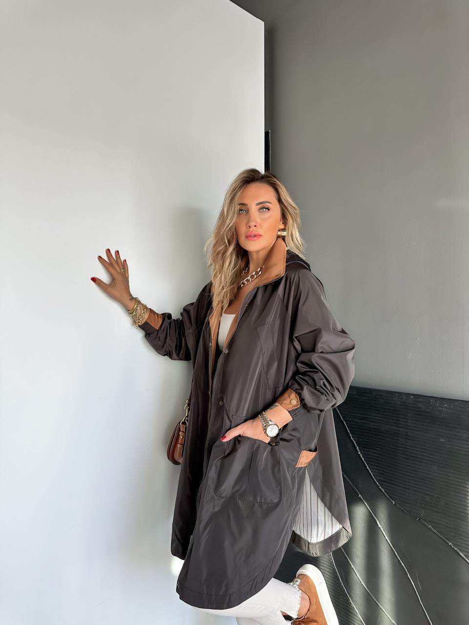 Acı Kahve Kapşonlu Tasarım Premium Trençkot