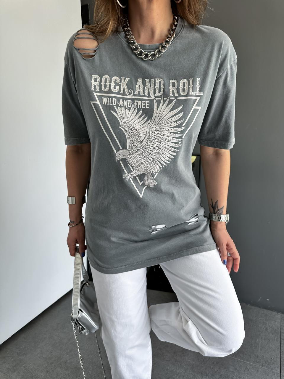 Açık Gri Taşlı Rock Tshirt