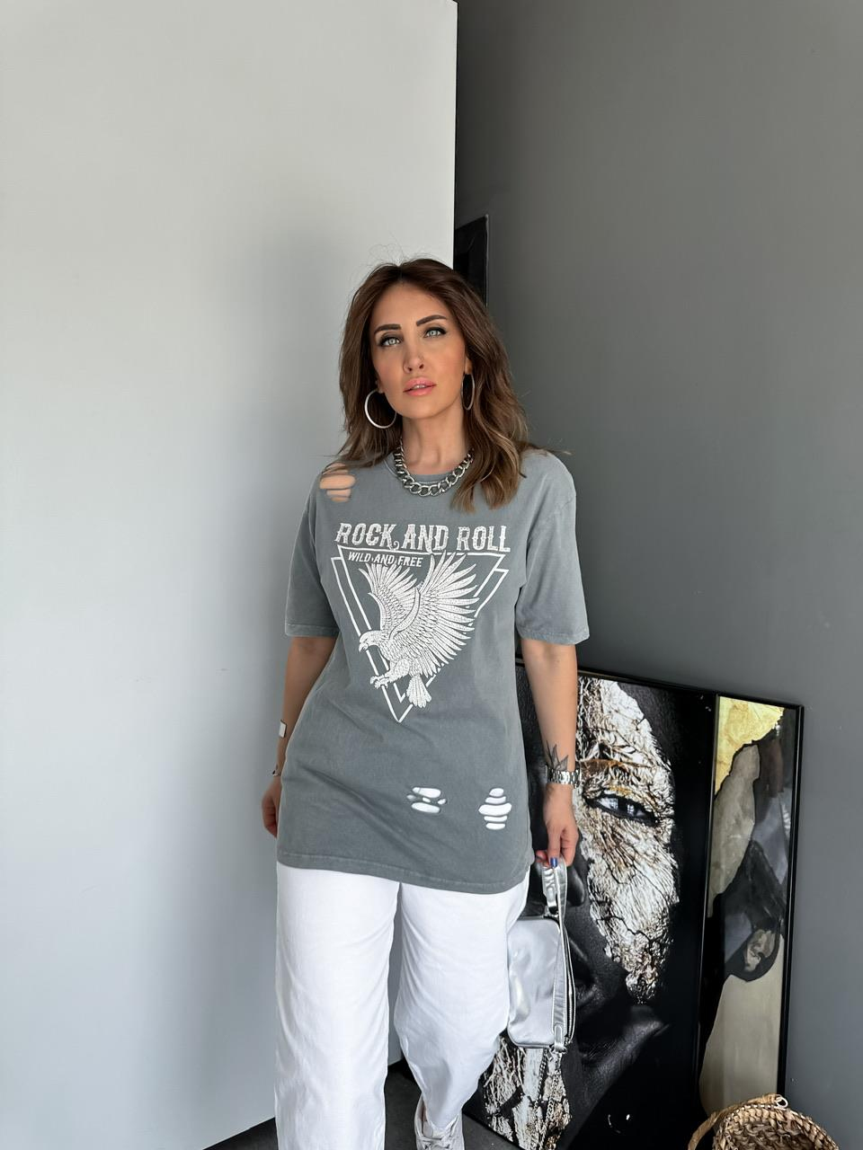 Açık Gri Taşlı Rock Tshirt