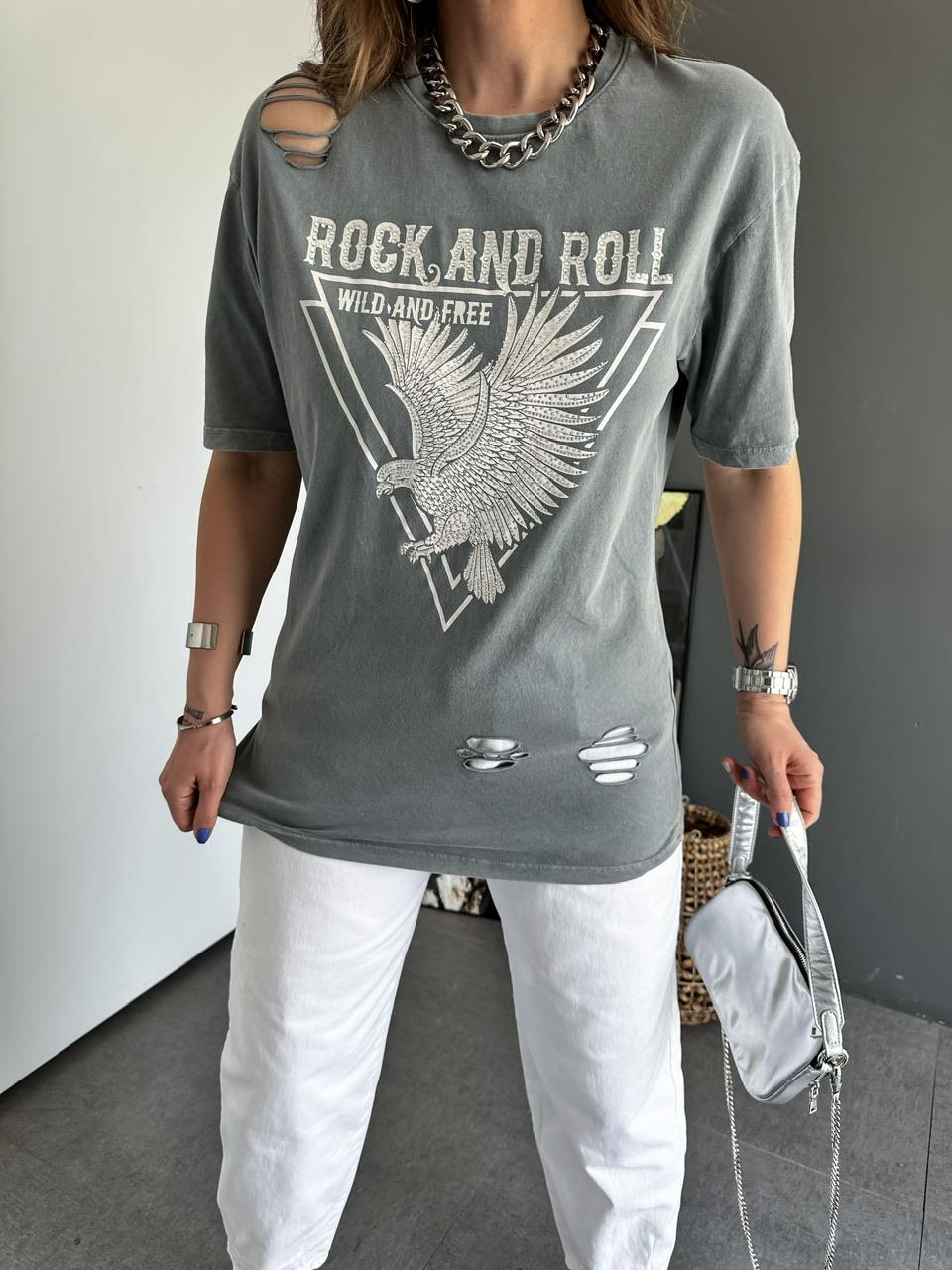 Açık Gri Taşlı Rock Tshirt