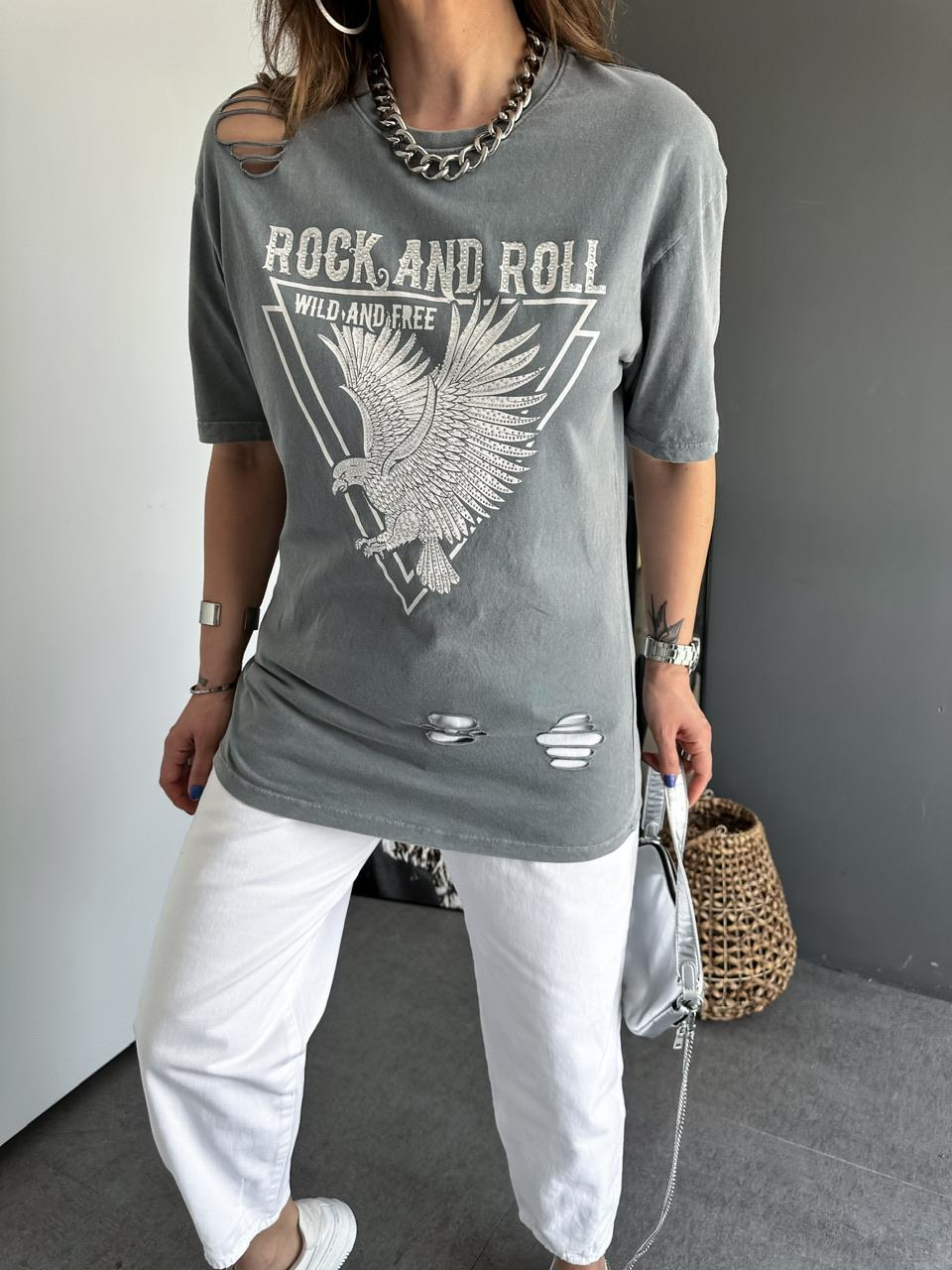 Açık Gri Taşlı Rock Tshirt