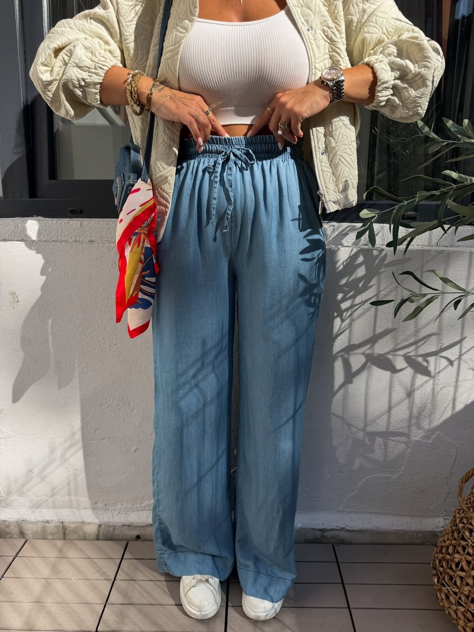Açık Mavi Beli Lastikli Tensel Kot Pantolon