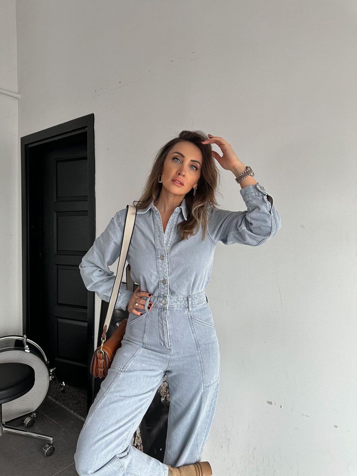 Açık Mavi Cep Detaylı Kot Tulum