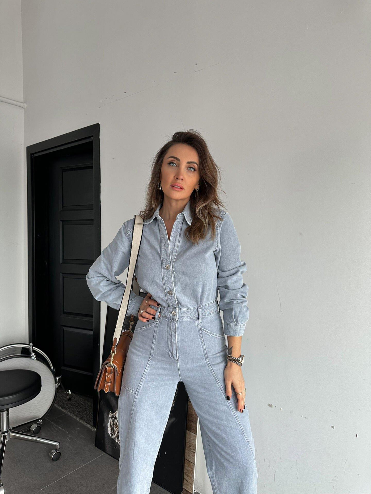 Açık Mavi Cep Detaylı Kot Tulum