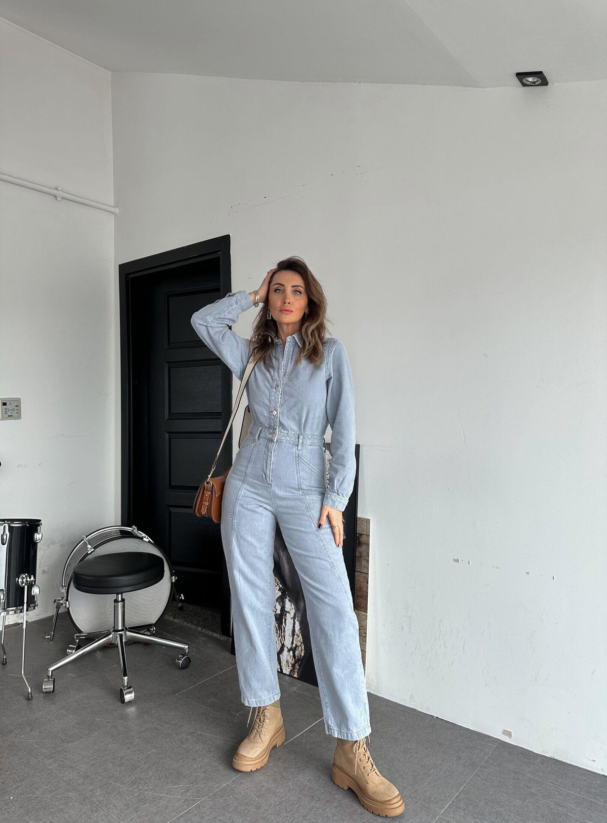 Açık Mavi Cep Detaylı Kot Tulum