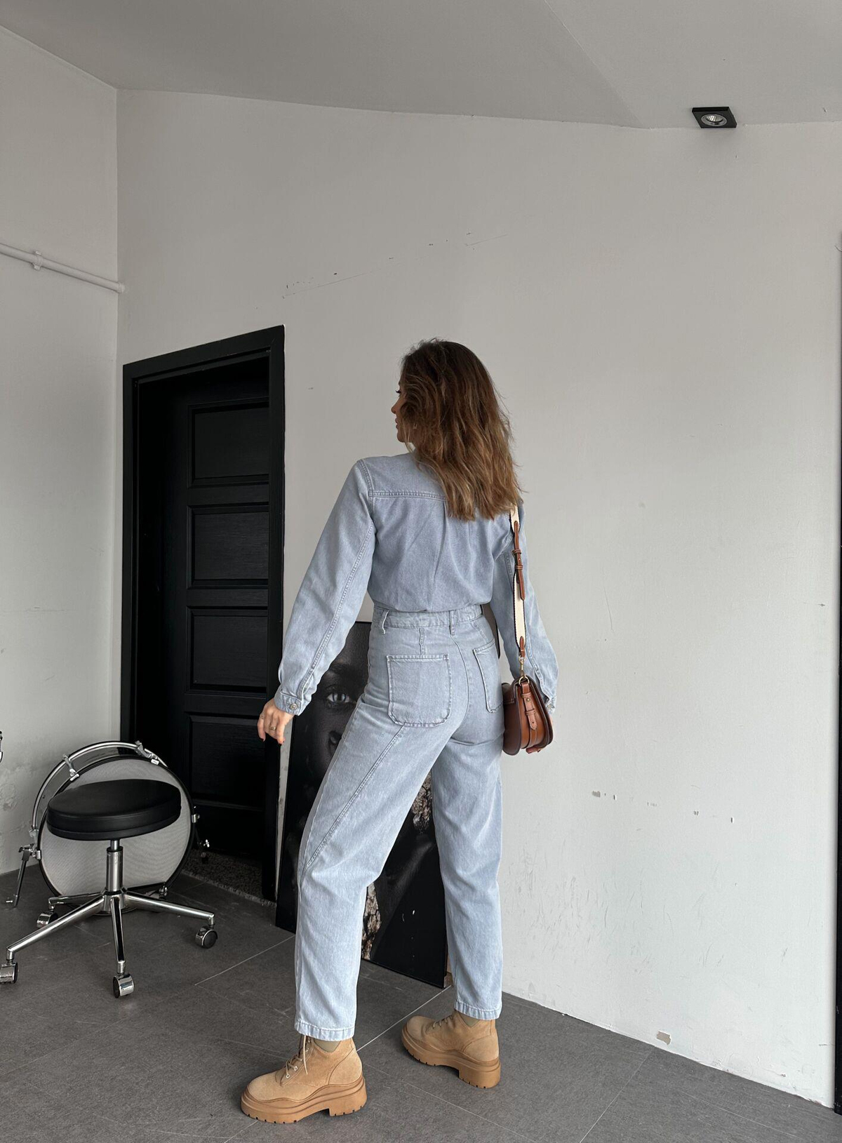 Açık Mavi Cep Detaylı Kot Tulum