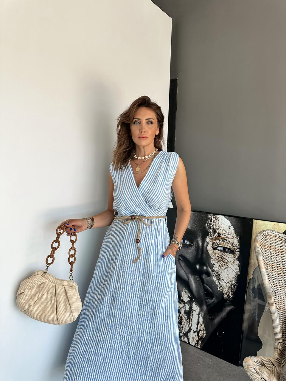 Açık Mavi Çizgili Kruvaze Yaka Elbise