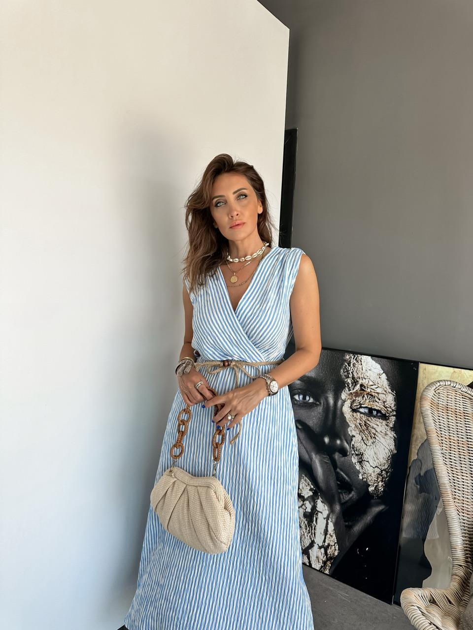 Açık Mavi Çizgili Kruvaze Yaka Elbise