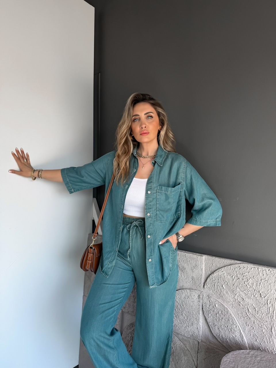 Açık Mavi Eskitme Tensel Kot Takım