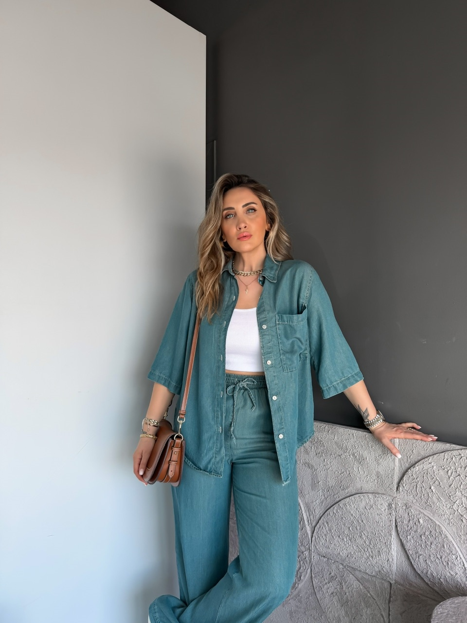 Açık Mavi Eskitme Tensel Kot Takım