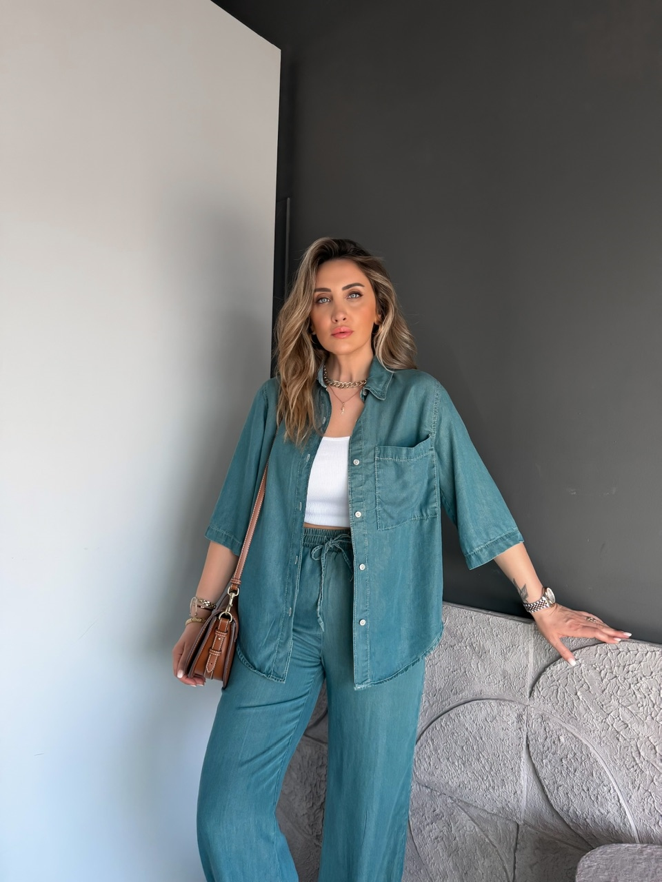 Açık Mavi Eskitme Tensel Kot Takım