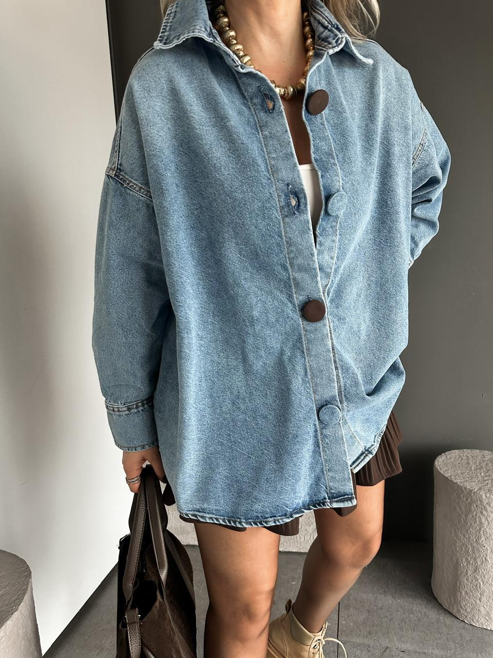 Açık Mavi Kaplama Düğmeli Oversize Kot Ceket