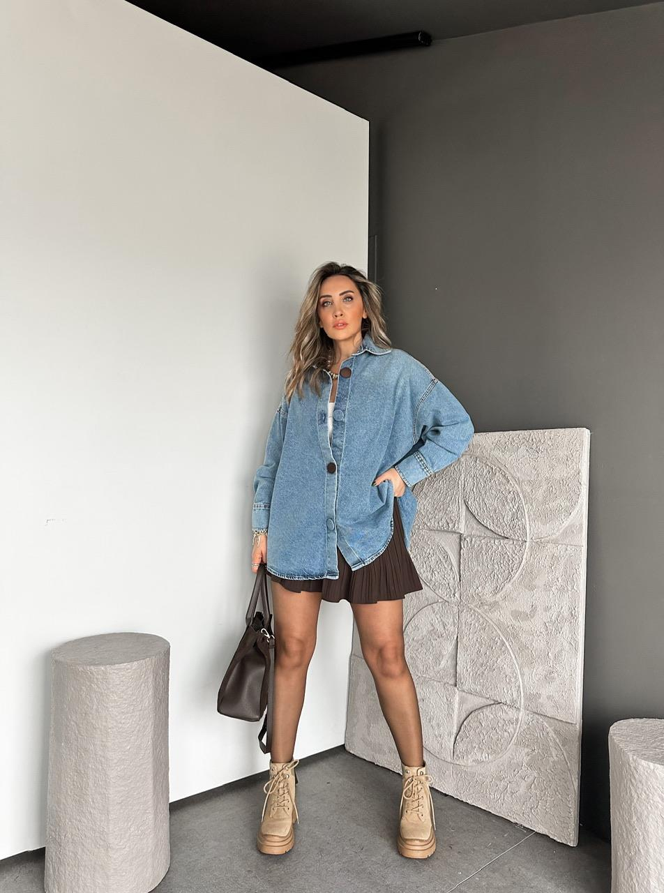 Açık Mavi Kaplama Düğmeli Oversize Kot Ceket