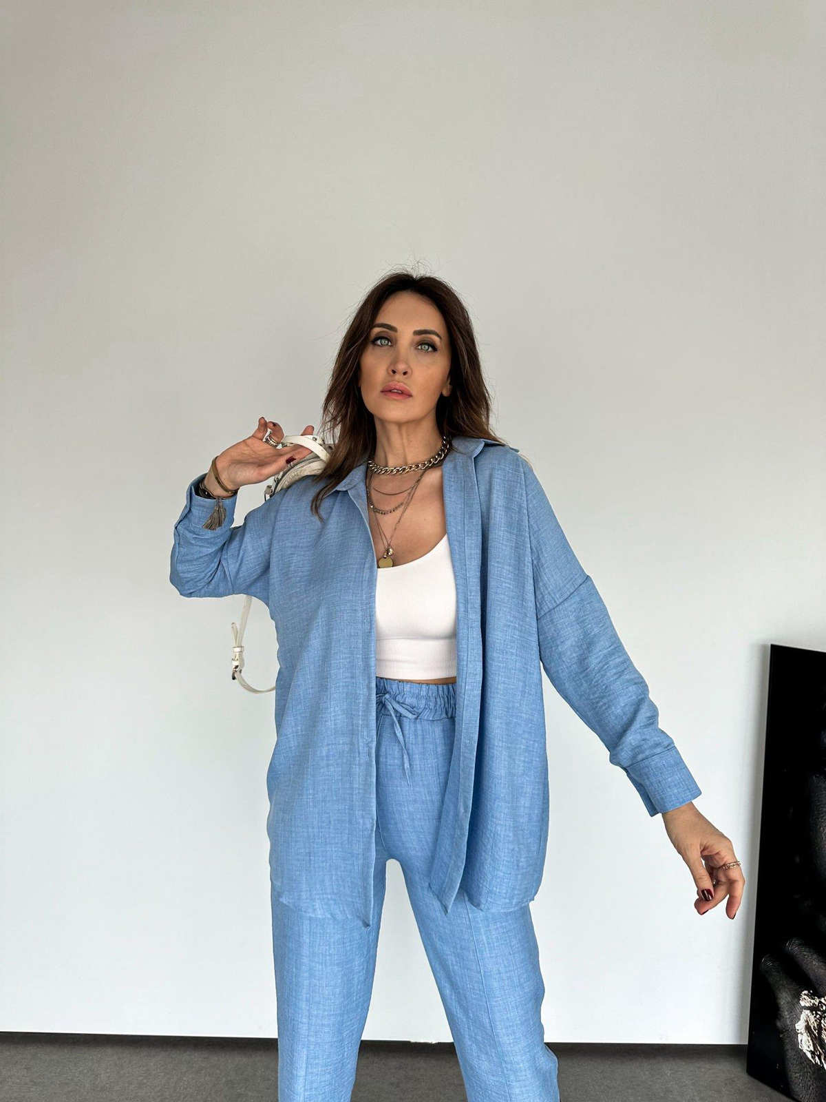 Açık Mavi Keten Gömlekli Basic Takım
