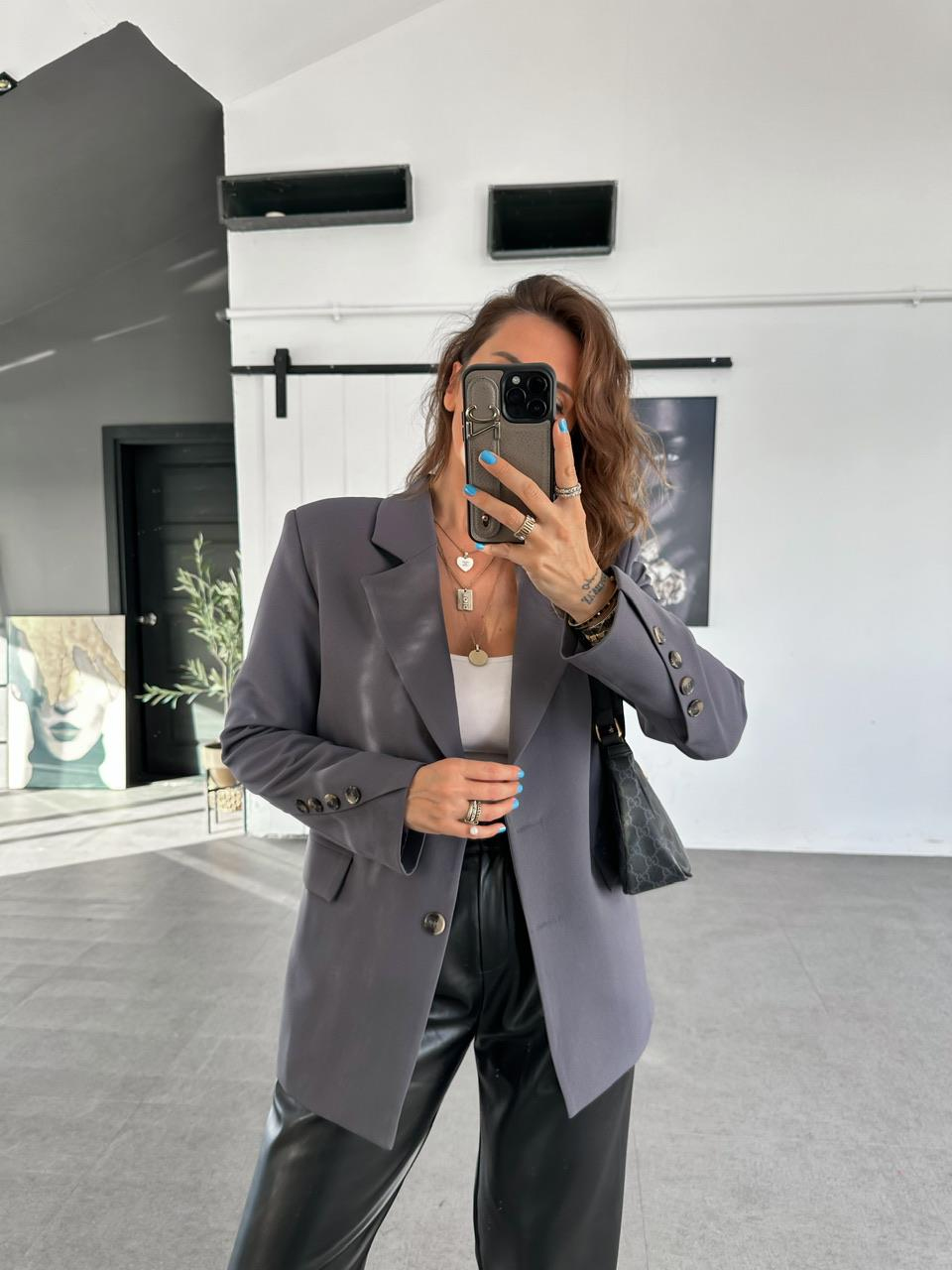 Antrasit Asimetrik Düğmeli Blazer Ceket