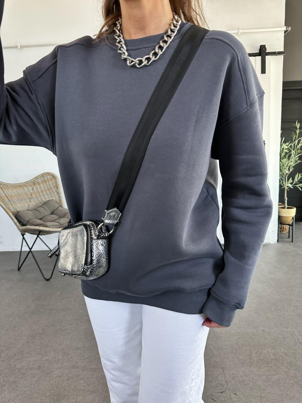 Antrasit Basic Bisiklet Yaka Sweatshirt
