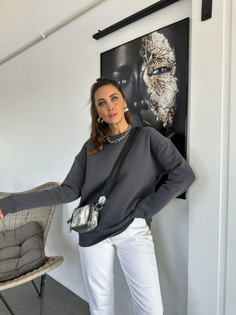 Antrasit Basic Bisiklet Yaka Sweatshirt