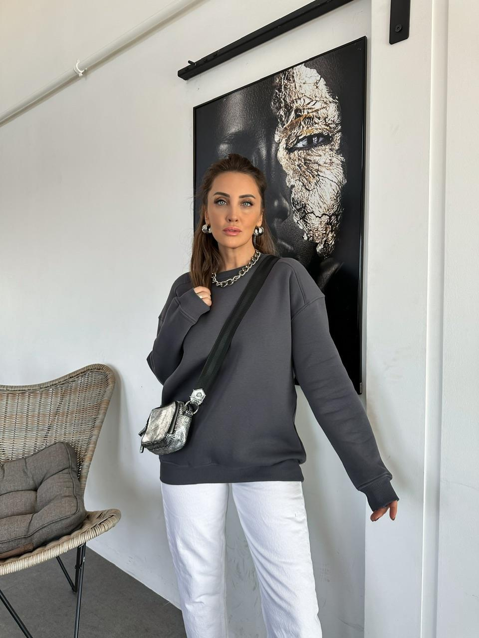 Antrasit Basic Bisiklet Yaka Sweatshirt