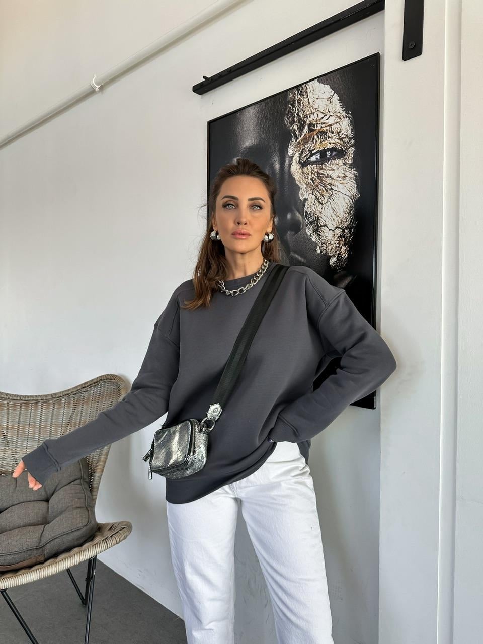 Antrasit Basic Bisiklet Yaka Sweatshirt