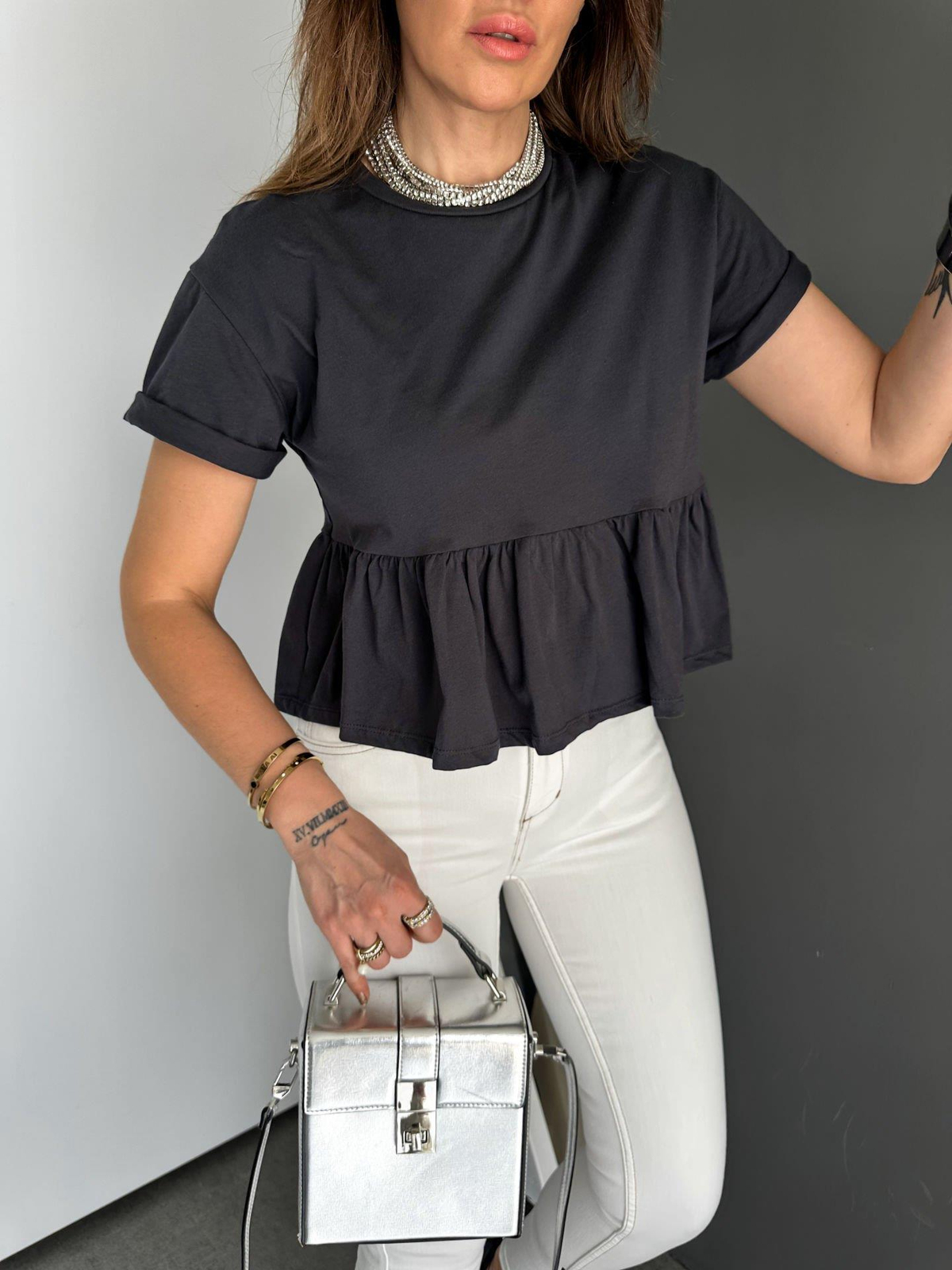 Antrasit Beli Volanlı Cotton Tshirt