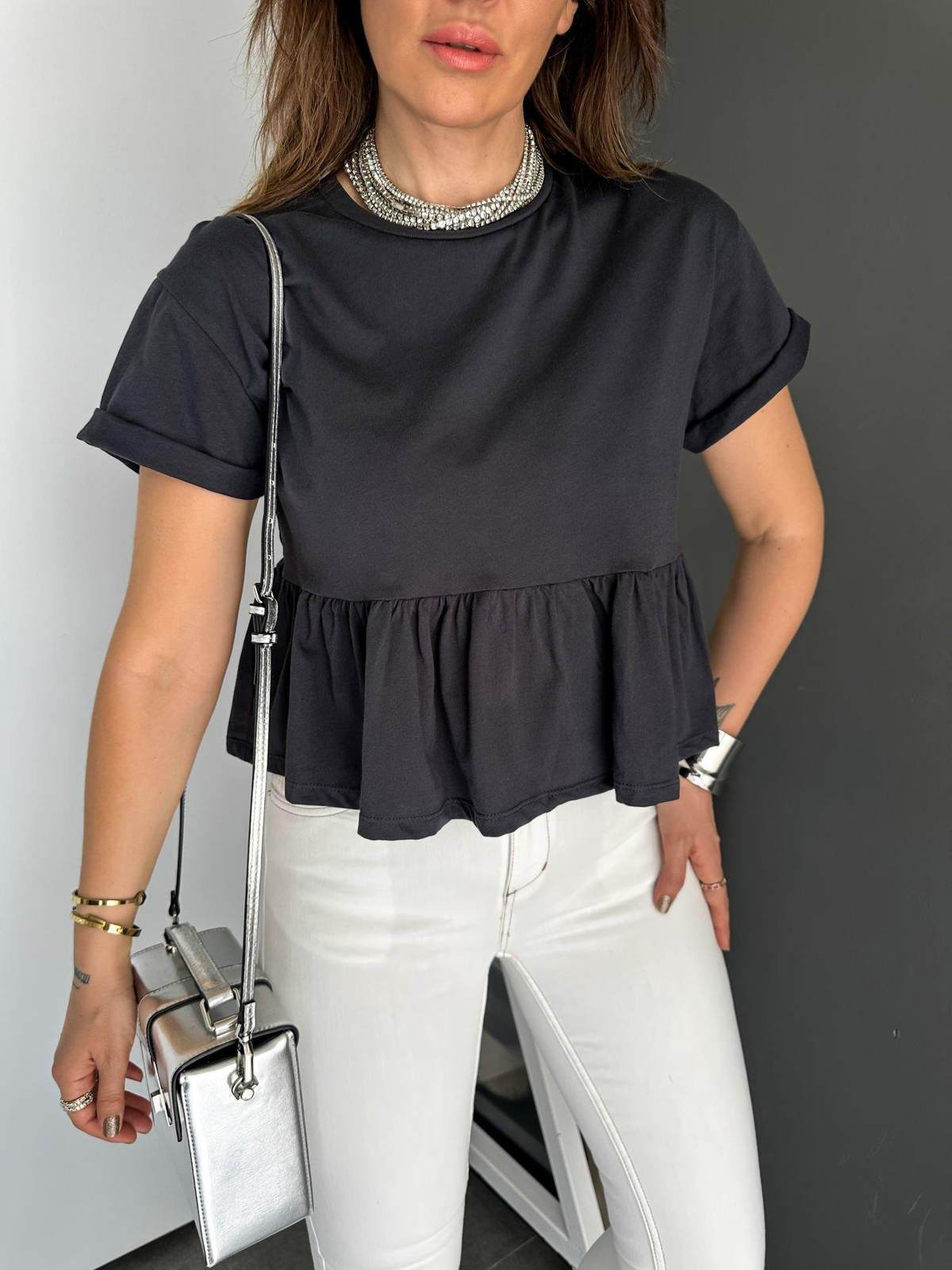 Antrasit Beli Volanlı Cotton Tshirt