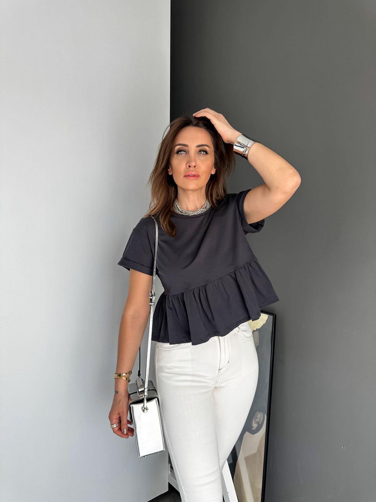 Antrasit Beli Volanlı Cotton Tshirt