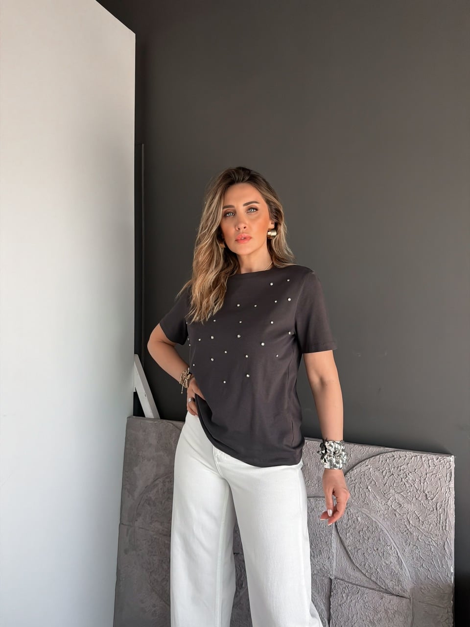 Antrasit Çakım Taşlı Orijinal Tshirt