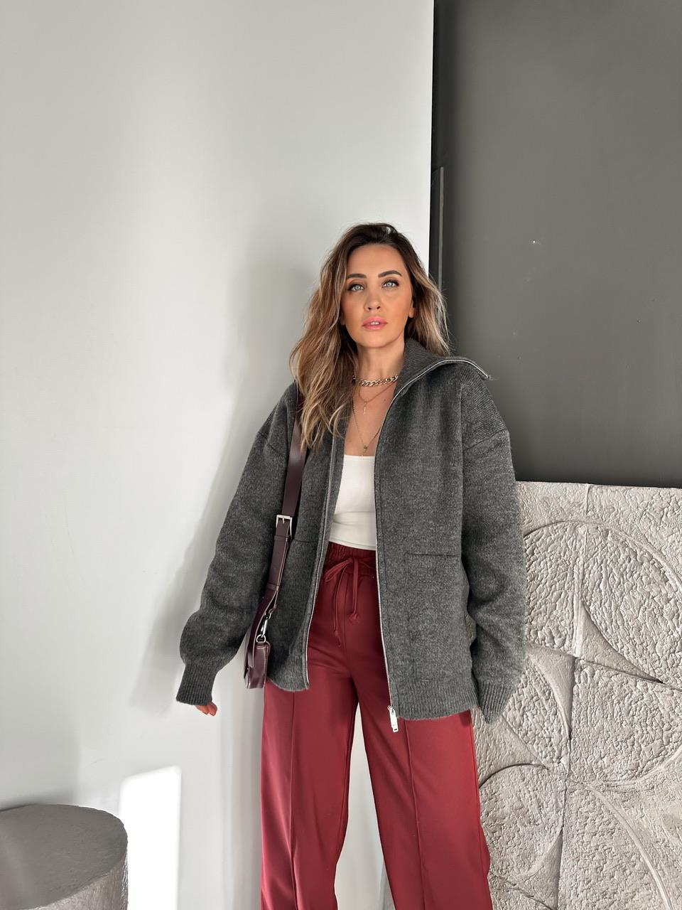 Antrasit Cepli Çift Fermuarlı Hırka