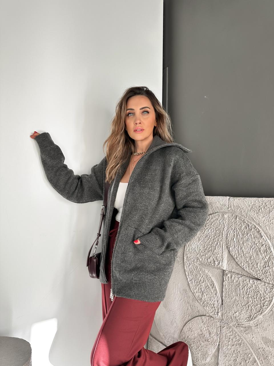 Antrasit Cepli Çift Fermuarlı Hırka
