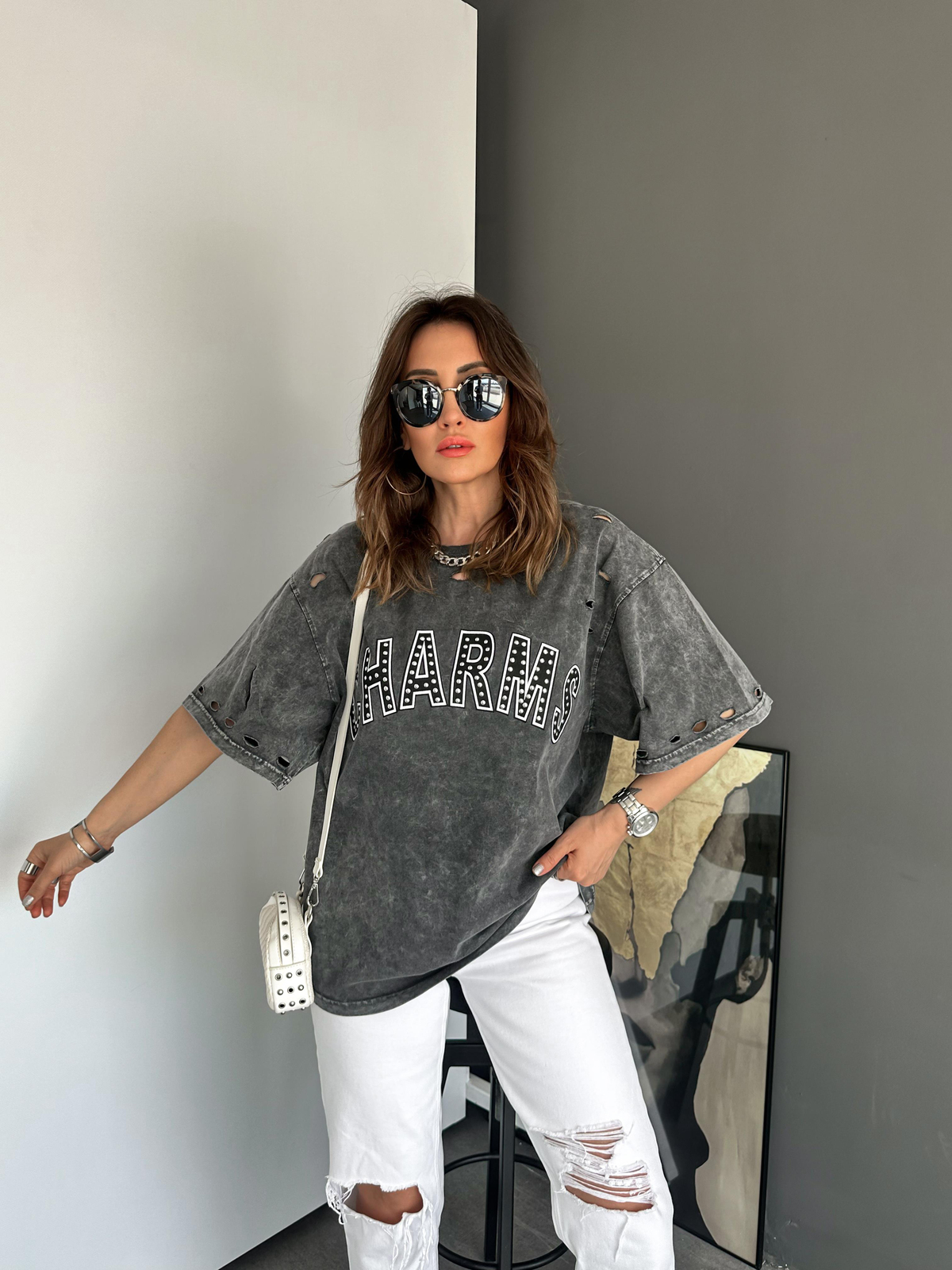 Antrasit Charms Zımbalı Tshirt