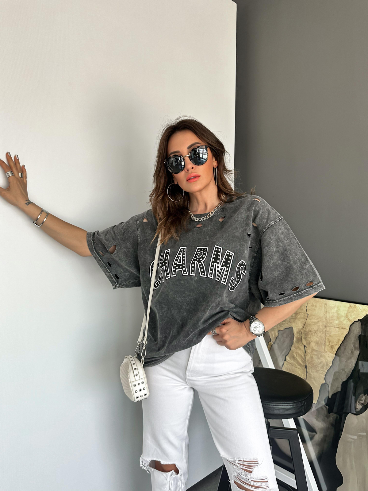 Antrasit Charms Zımbalı Tshirt