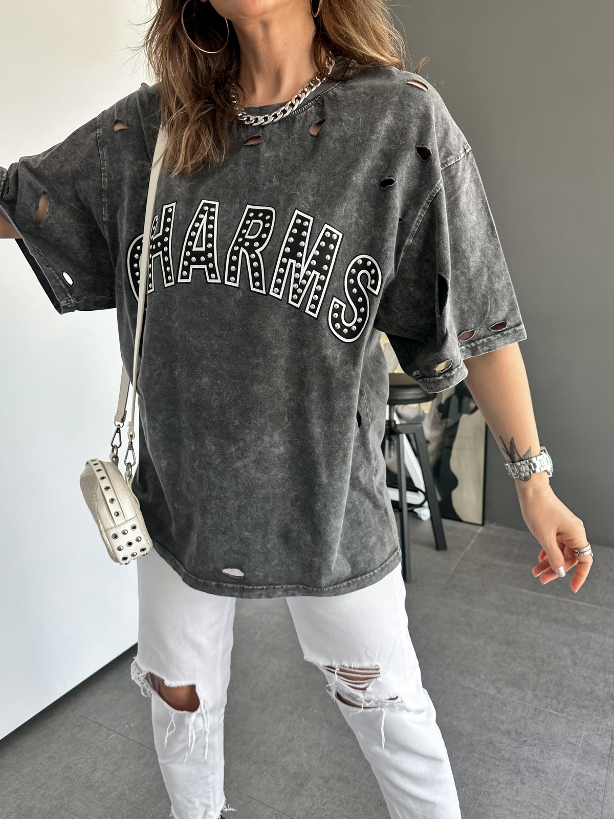 Antrasit Charms Zımbalı Tshirt