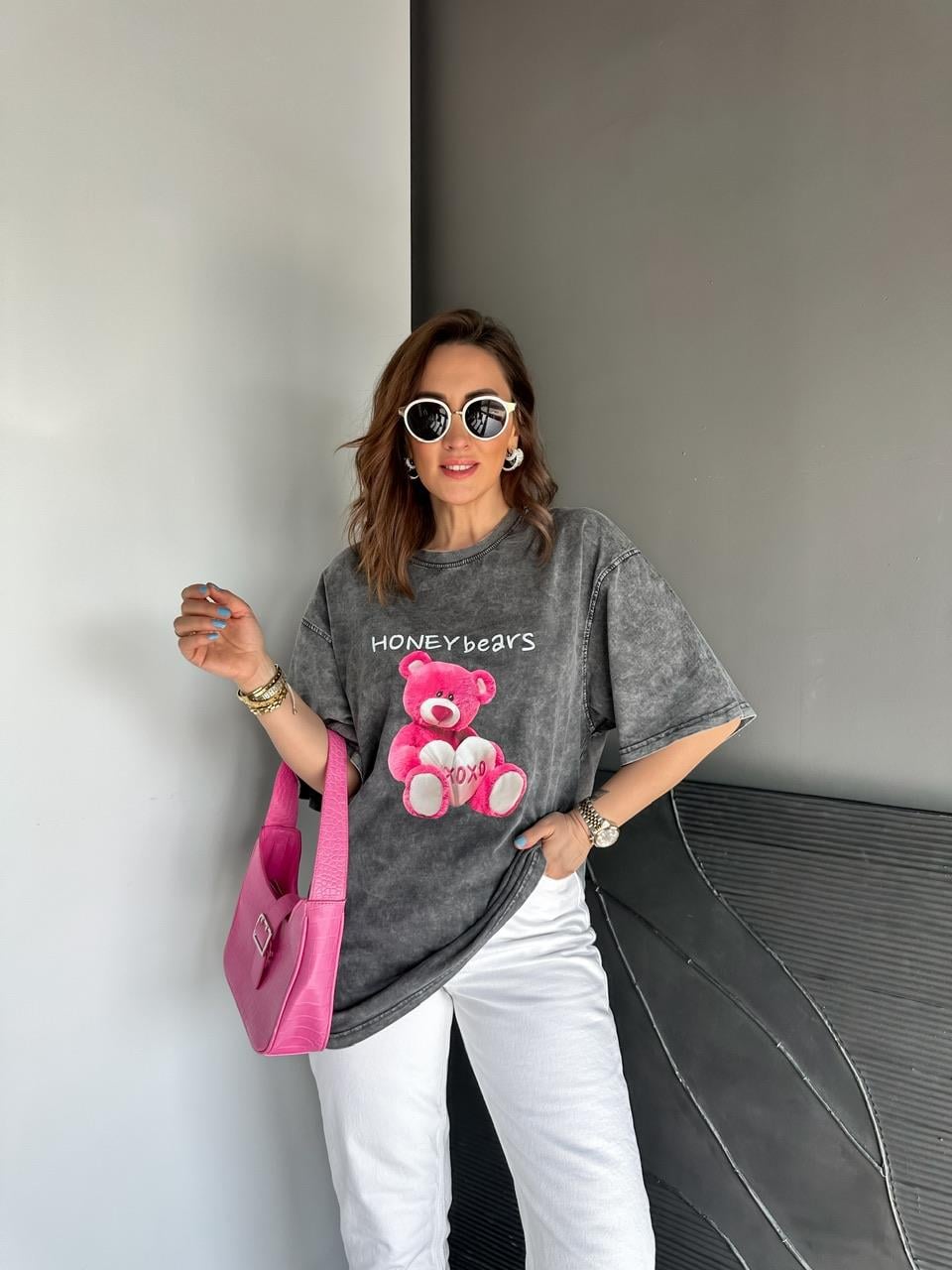 Antrasit Honey Bears Yıkamalı Tshirt