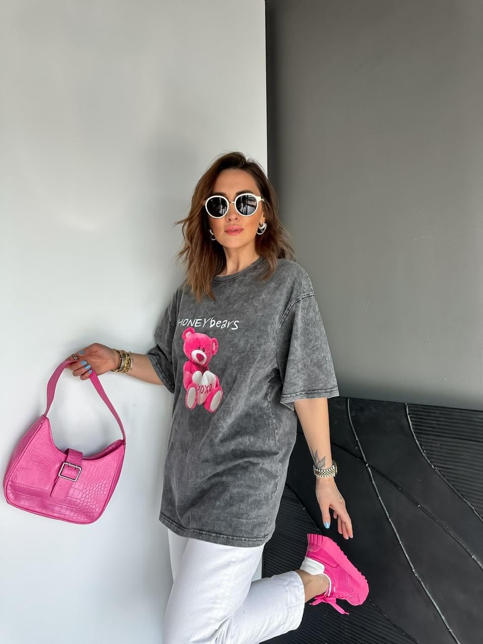 Antrasit Honey Bears Yıkamalı Tshirt