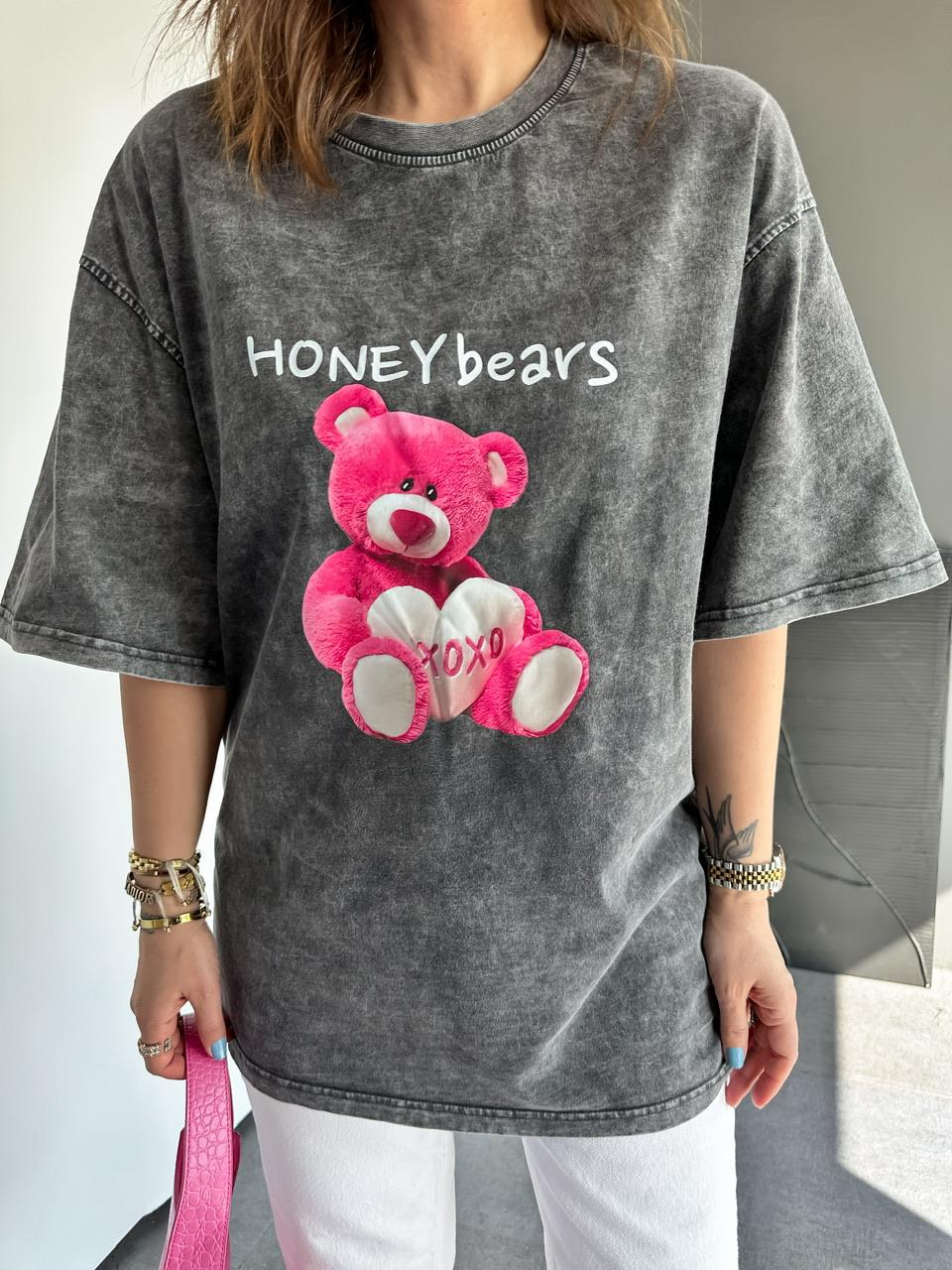 Antrasit Honey Bears Yıkamalı Tshirt